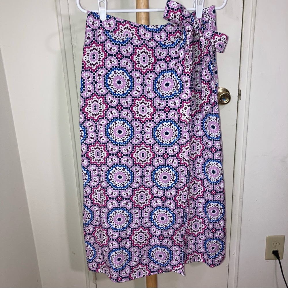 LOFT Blue Purple Mosaic Tile Print Midi Wrap Skirt Linen Blend Colorful Skirt